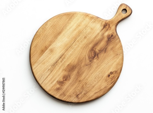 An empty wooden pizza board on a white background, top view, flat lay. The product is centered and has an organic shape 