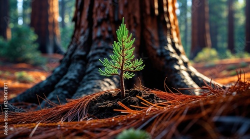 A tiny evergreen sapling bravely emerges from the rich soil, nestled amongst the massive roots of ancient redwood trees. A symbol of new life and growth.
