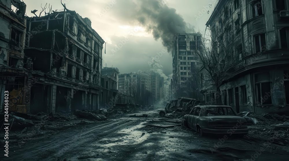 Fototapeta premium A Burned City Street with No Life Apocalyptic Scene