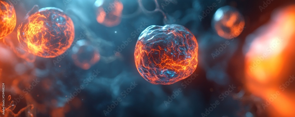 Naklejka premium Fiery orbs float in smoky space; abstract energy concept