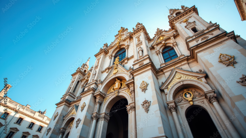 A majestic cathedral with intricate Gothic architectural elements under a clear blue sky. A majestic cathedral with intricate Gothic architectural elements under a clear blue sky.