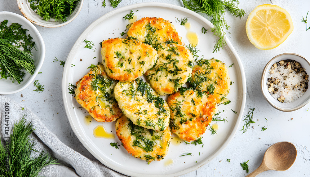 Homemade fish cakes with dill and lemon on white plate Homemade fish cakes with dill and lemon on white plate