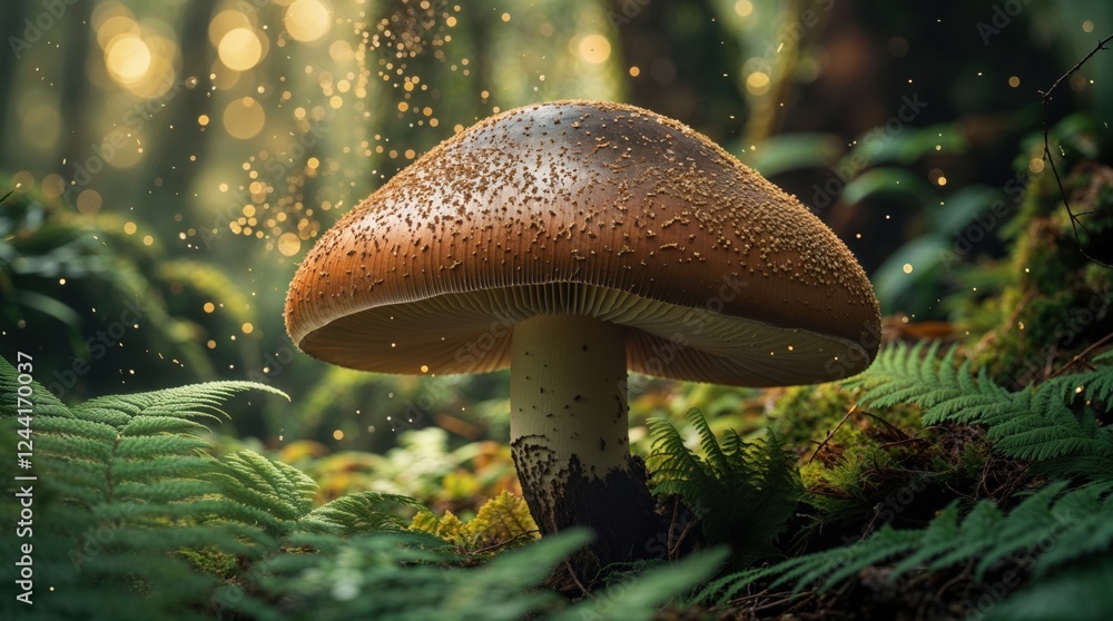 Fototapeta premium A large brown mushroom stands tall in a lush green forest, illuminated by magical golden light. The scene is enchanting and mystical.