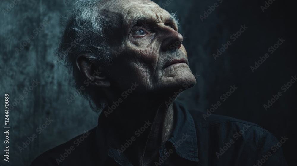 Obraz premium Elderly man looking up, dark studio, textured background, pensive portrait