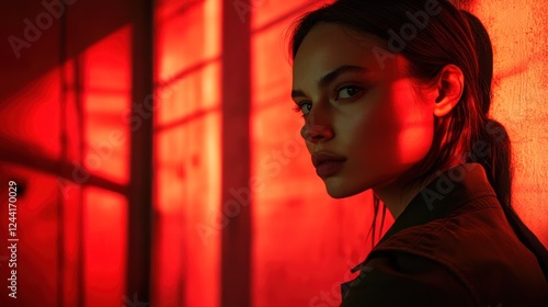 Woman, red light, urban, wall, portrait, shadows, night, mystery, intrigue, fashion