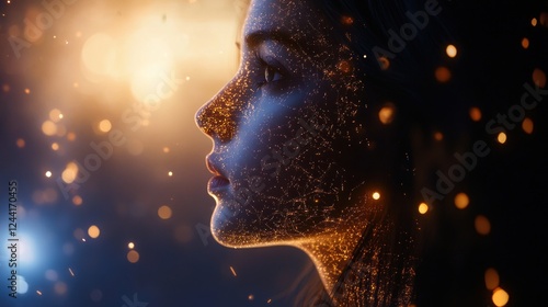 Woman, profile, sparks, night, bokeh, fantasy, digital art,  advertising