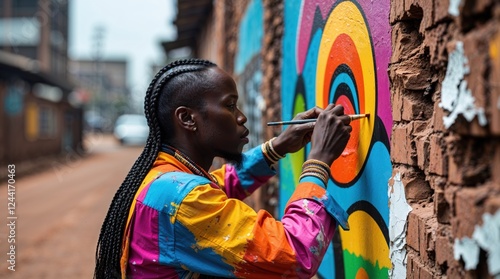 A young Black male artist paints vibrant, colorful concentric circles onto a brick wall. His colorful shirt matches the energy of his artwork.