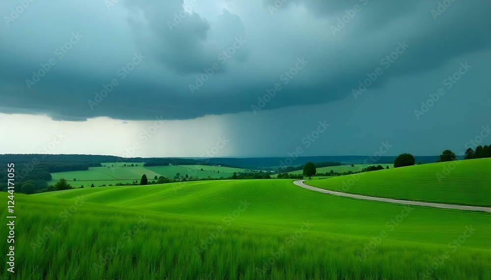 Obraz premium Exuberantes campos verdes bajo un cielo espectacular con nubes oscuras y lluvia cayendo a lo lejos. Una carretera sinuosa atraviesa el paisaje, rodeada de una vibrante vegetación