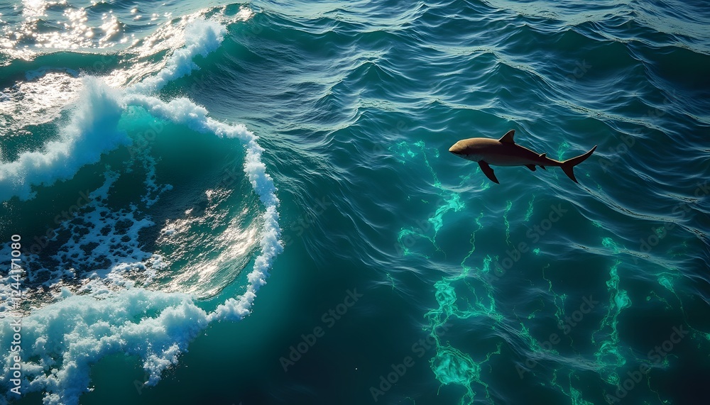 Naklejka premium Shark Ocean Wave Scene Aquatic Wildlife