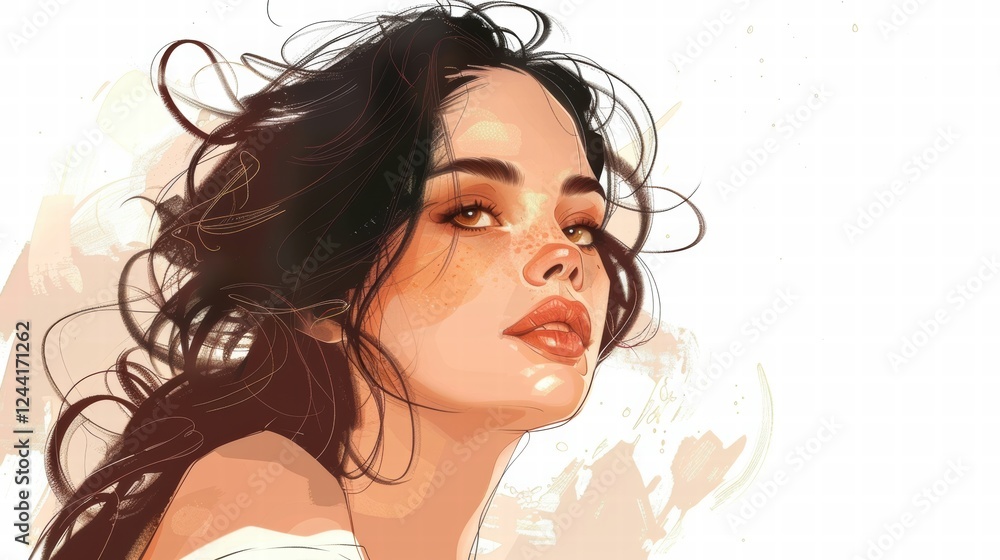 Naklejka premium Portrait of a beautiful woman in a delicate pencil drawing style.