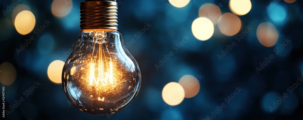 Glowing bulb hanging, bokeh background, idea concept Glowing bulb hanging, bokeh background, idea concept