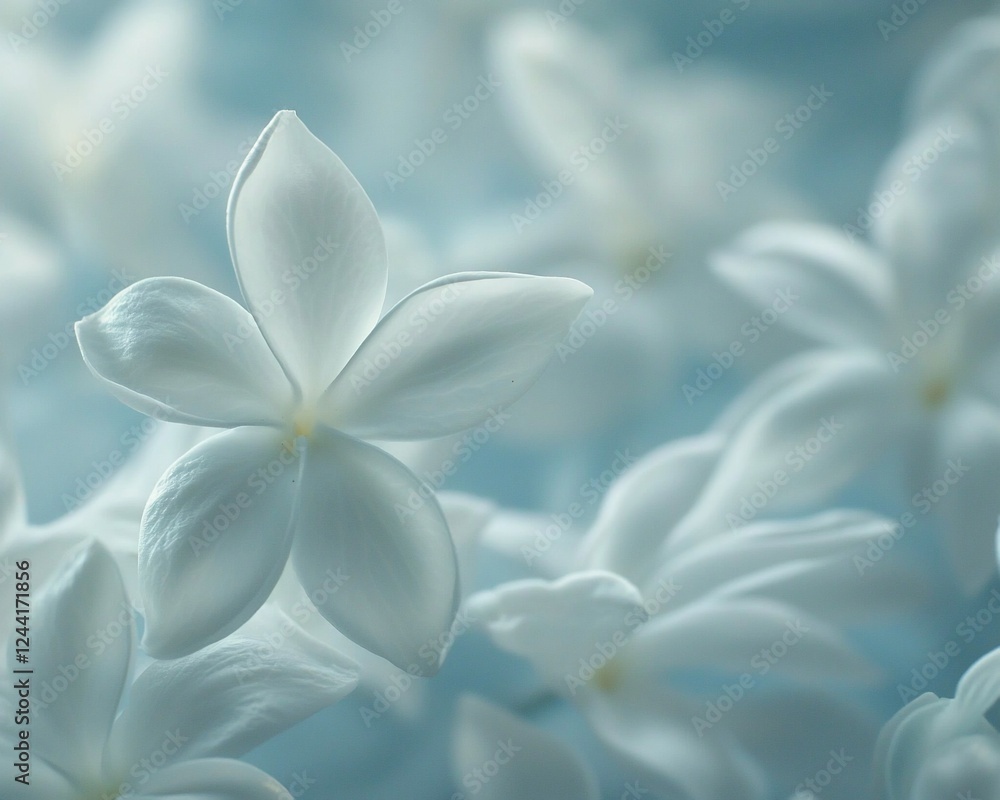 Soft focus close-up of delicate white flowers on a light blue background. Soft focus close-up of delicate white flowers on a light blue background.