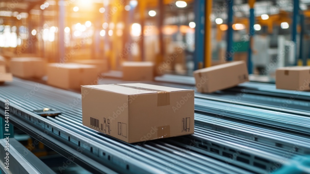 Cardboard boxes moving on conveyor belt in warehouse, sunlight backdrop Cardboard boxes moving on conveyor belt in warehouse, sunlight backdrop