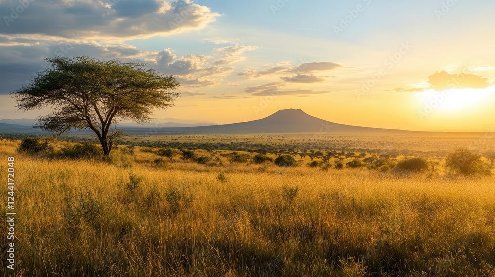 African Savanna with Mountain in National Wild Park African Savanna with Mountain in National Wild Park