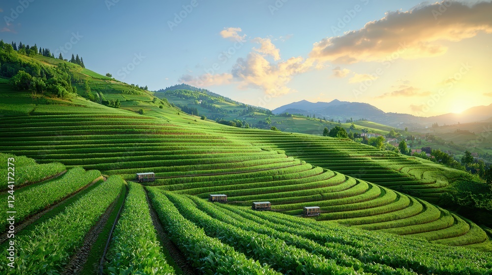 Obraz premium Breathtaking sunrise over lush green tea plantations in a serene mountainous landscape