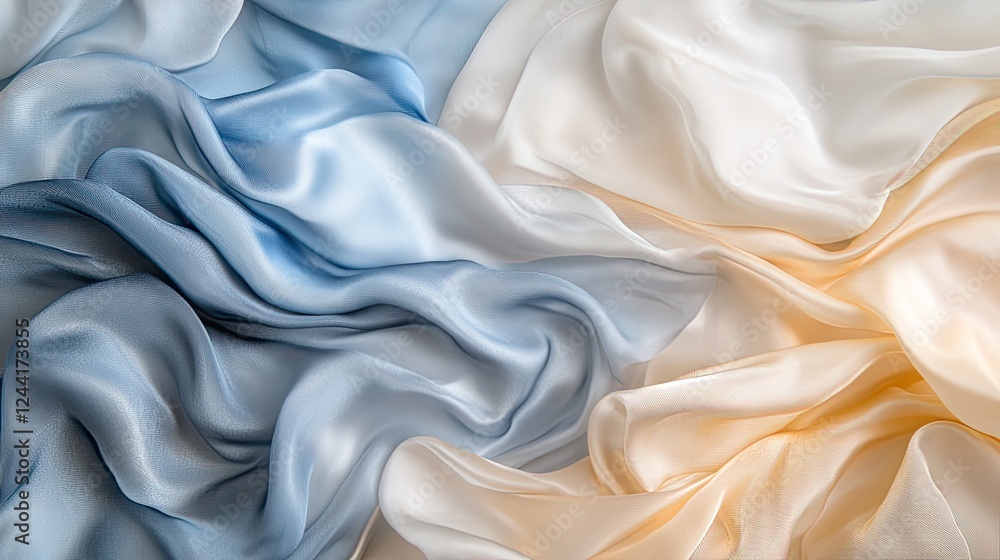 Fototapeta premium Flat lay of pastel blue and silver silk satin fabric. Soft, flowing, and elegant drapery for beauty, fashion, and luxury branding.