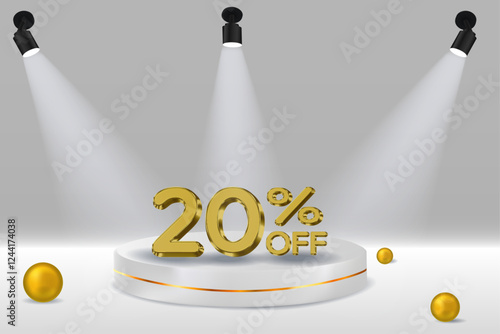 20% discount. 3D realistic golden number. white podium. Golden numbers. Template for products, advertising, web banners, flyers, certificates and postcards. Vector