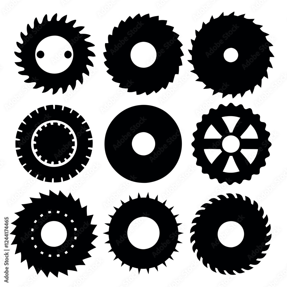 Black and White Saw Blade and Gear Icons Black and White Saw Blade and Gear Icons
