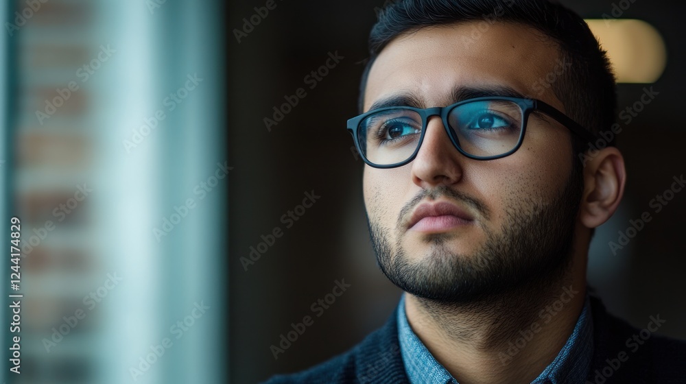 Fototapeta premium Pensive young man looking out window, office background, portrait
