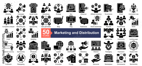 Marketing and Distribution Icon Collection Set.Containing Branding, Campaign, Social Media, Advertising, Strategy, Seo, Influencer icon. Simple glyph style Vector Illustration	