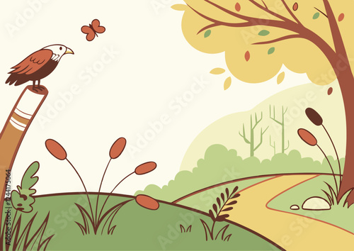 Autumn Landscape Bird Butterfly Path Fall Foliage Vector Illustration.