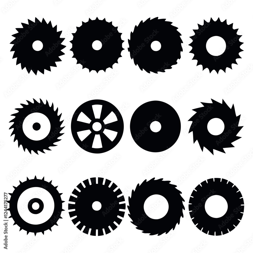 Black and White Saw Blade and Gear Icons Black and White Saw Blade and Gear Icons