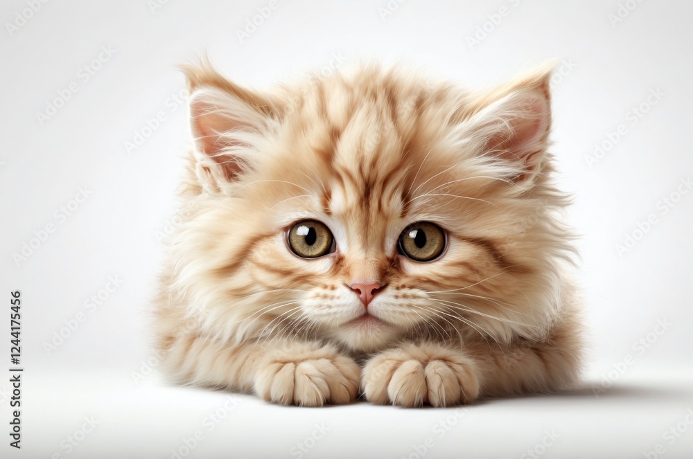 Fototapeta premium Cute adorable domestic curious cat kitten animal with its paws peeking over a white surface, photorealistic illustration on isolated background texture design. 