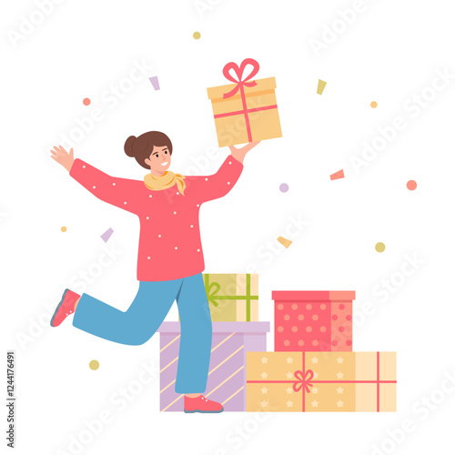 Smiling happy girl with gifts and confetti. Female character and gift boxes with presents. Birthday party, holiday, sale and Christmas concept. Vector characters vector illustration.