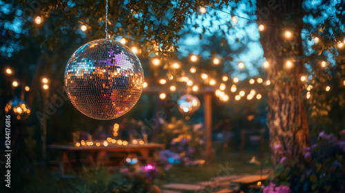 Disco ball reflecting lights in a festive outdoor setting  
