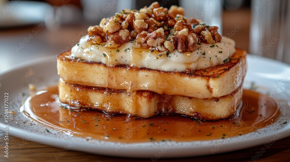 Restaurant breakfast french toast stack with nuts and honey, cafe setting Restaurant breakfast french toast stack with nuts and honey, cafe setting