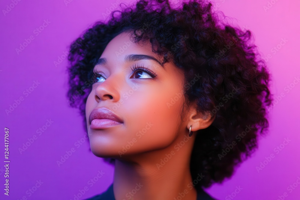 Thoughtful Woman in Decision-Making Moment on Vibrant Purple Background for Advertising Campaigns Thoughtful Woman in Decision-Making Moment on Vibrant Purple Background for Advertising Campaigns