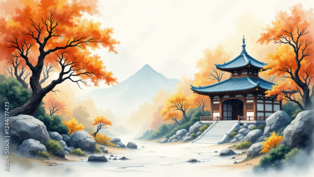 Fototapeta premium A tranquil temple surrounded by autumn foliage, with a waterfall flowing into a serene pond under a mountainous backdrop.