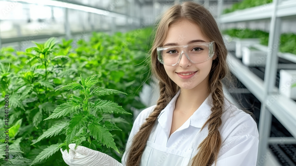 descriptionResearcher in greenhouse holding plant, showcasing environmental conservation efforts descriptionResearcher in greenhouse holding plant, showcasing environmental conservation efforts