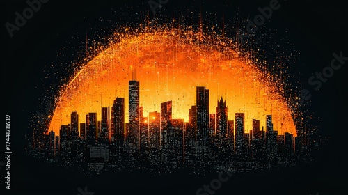 Cityscape Silhouette Against An Orange Sunset