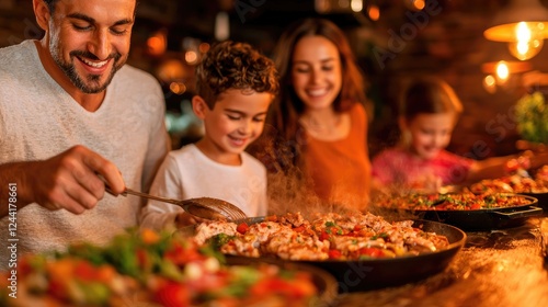 Happy family enjoying dinner at a rustic restaurant