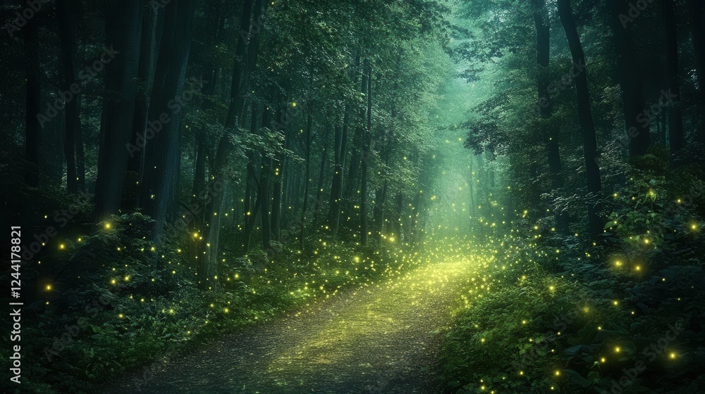 Obraz premium Walking Through Enchanted Woods at Night Surrounded by Fireflies Under Moonlight, Ethereal Fantasy Scene