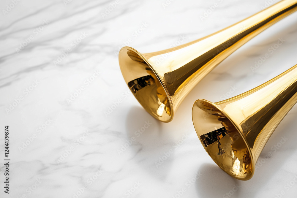 Obraz premium Golden trumpets on marble background 