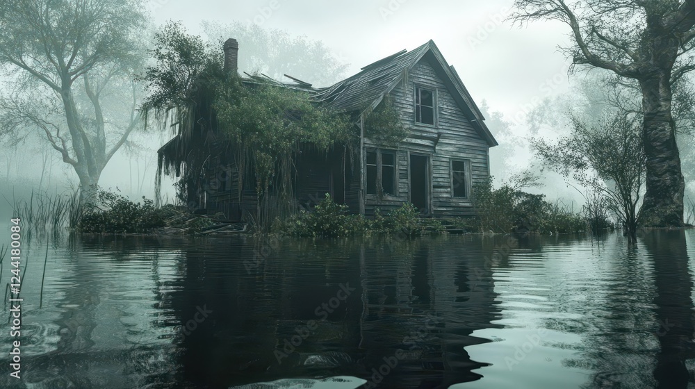 Fototapeta premium Abandoned House Submerged in Flood Waters with Eerie Reflections