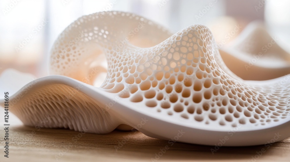 Studio 3D-printed organic sculpture, porous design, light background, product design