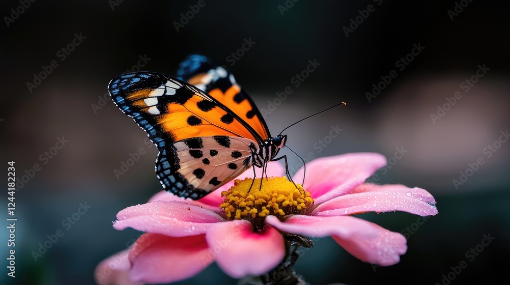 Fototapeta premium Butterfly feeding on pink flower, garden background, nature photography