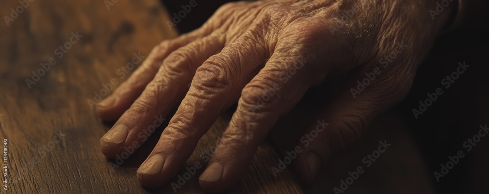 Fototapeta premium Elderly hand rests on wood; dark background; aging, care concept