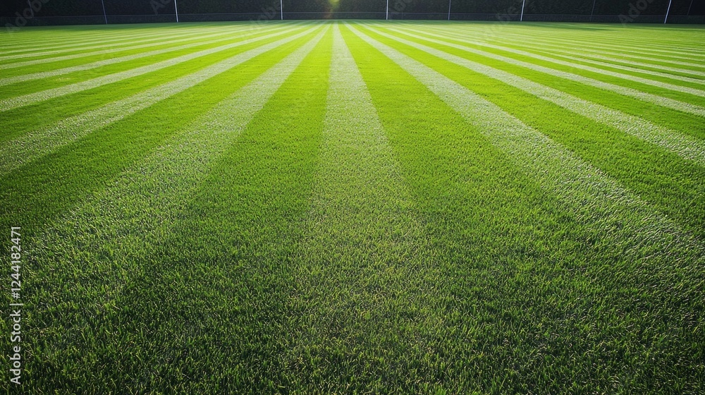 Obraz premium Vibrant green grass stretches across the landscape, presenting a pattern of neat stripes illuminated by the soft afternoon light, evoking tranquility and nature's beauty