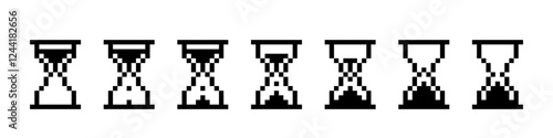 Pixel hourglass icon set. Retro timer with sand animation for time and countdown to measure minutes and seconds interface