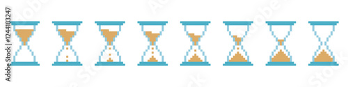 Pixel colored hourglass icon set. Vintage timer with sand animation for time and countdown to measure minutes and seconds interface