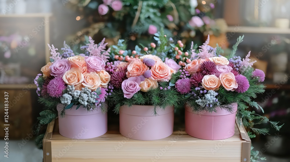 Fototapeta premium A bouquet of pink and white roses decorated in a hat box on a light background.