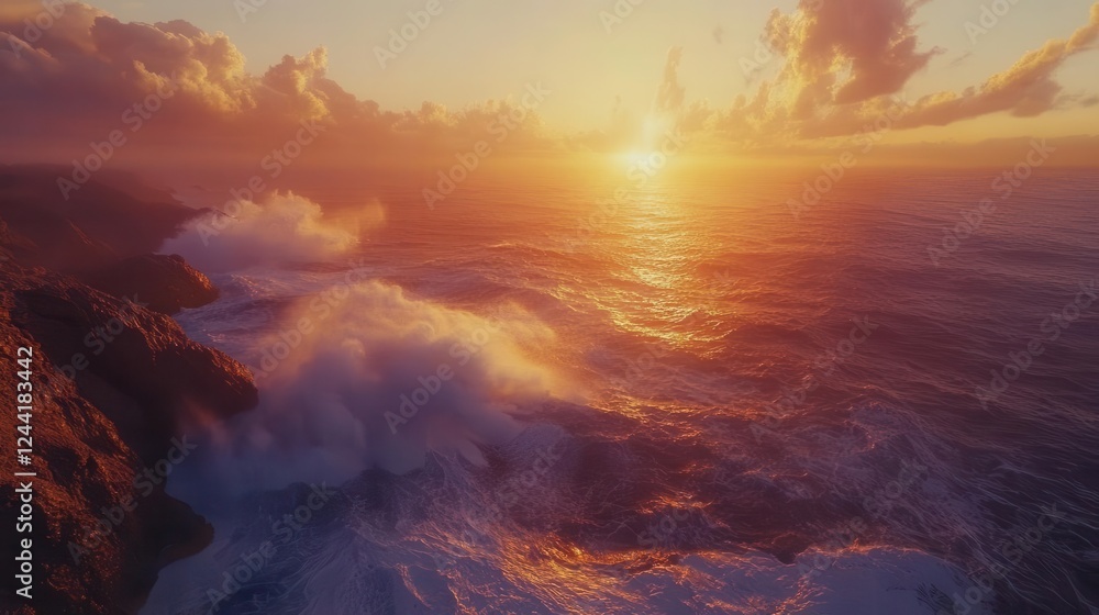 Aerial Perspective of Ocean Waves Crashing Against Rocky Shoreline at Sunset Aerial Perspective of Ocean Waves Crashing Against Rocky Shoreline at Sunset