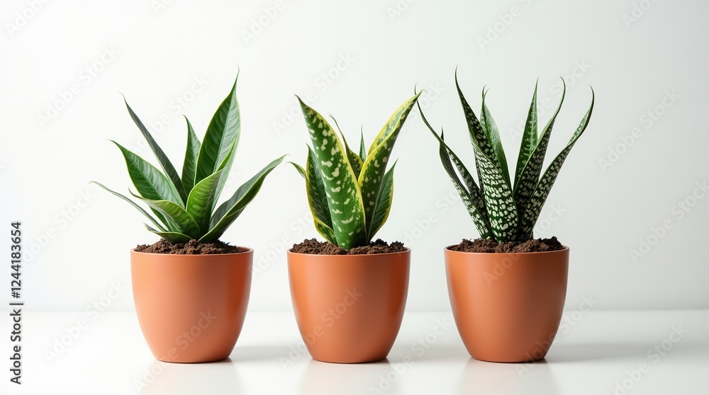 Minimalist Display of Snake Plants in Stylish Terra-Cotta Pots on White Background Minimalist Display of Snake Plants in Stylish Terra-Cotta Pots on White Background