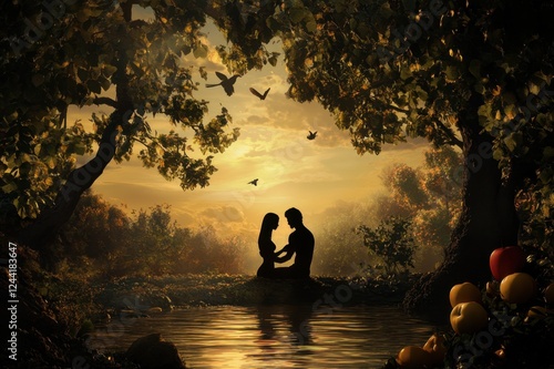 Adam and Eve ,the first man and woman with apple in eden garden