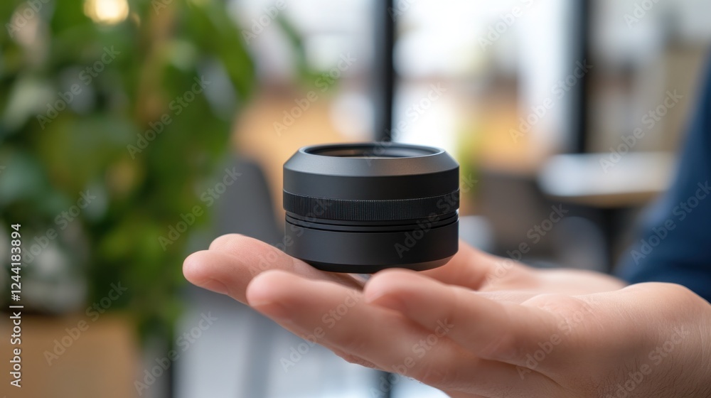 Hand holding small camera lens, cafe background, product showcase Hand holding small camera lens, cafe background, product showcase