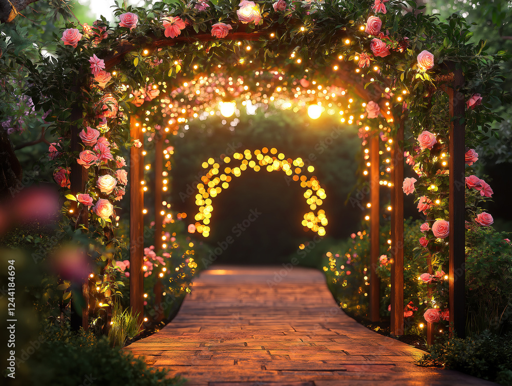 Fototapeta premium Garden arbor with lush flower arrangements and twinkling string lights